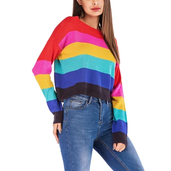 

2019 autumn and winter new European and American women's loose sweater women's rainbow striped long-sleeved sweater
