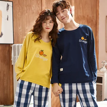 

long sleeve tops + plaid pants 2pcs/set pajamas for young lovers full pure cotton soft pijamas mujder casual tracksuit for male