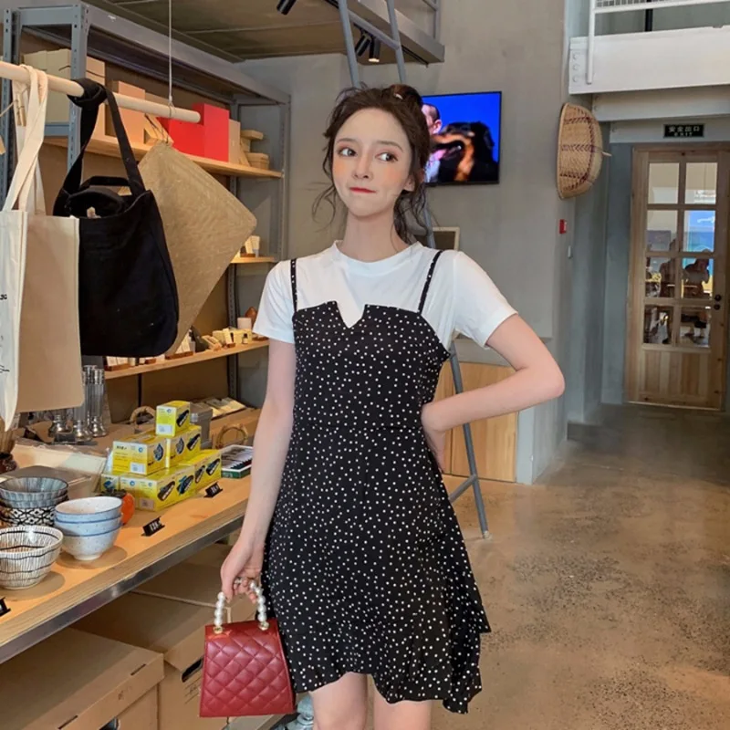 

2019 Summer Korean-style New Style White Short Sleeve T-shirt Women's + Polka Dot Strapped Dress Two-Piece Dress WOMEN'S Dress