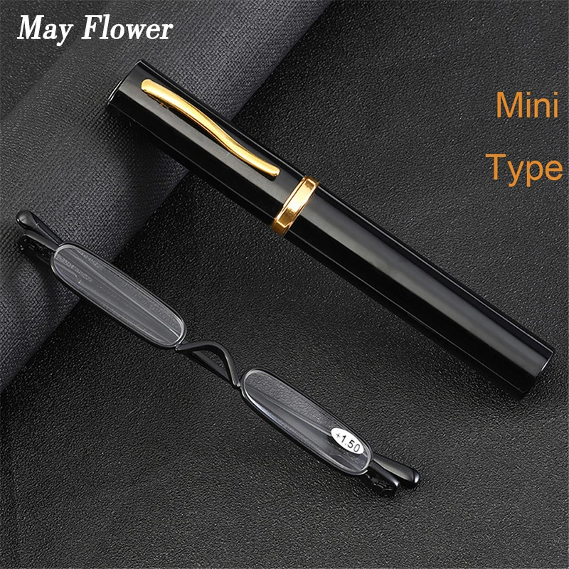 

May Flower Ultra-light Portable Reading Glasses Small Frame Metal Presbyopic Eyewear With Pen Tube Case Mini Reading Eyeglasses