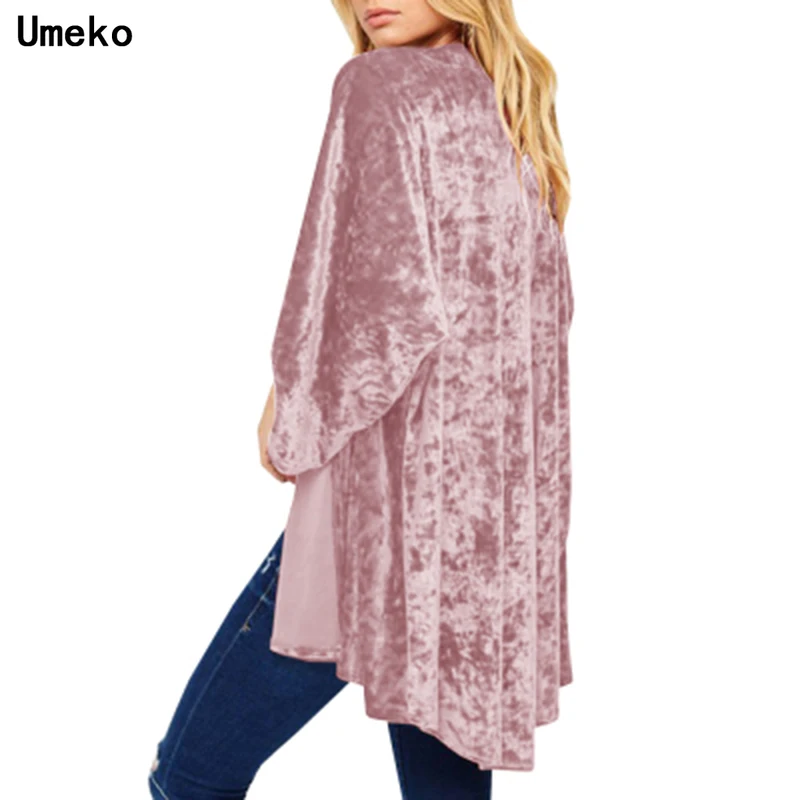 Umeko, Осеннее женское бархатное пальто с открытой передней частью и длинным рукавом, Весенняя тонкая ветровка с отворотом, Сексуальные вечерние куртки макси, кардиган