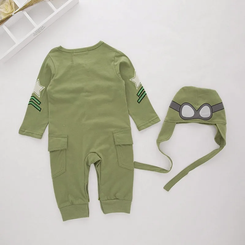 Новорожденный мальчик младенец зеленый полный рукав Пилот Авиатор комбинезон+ шляпа 2 шт набор комбинезон наряд комбинезон Комбинезон хлопковый костюм