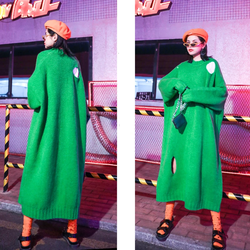 [EAM] Women Hollow Out Big Size Knitted Dress New Round Neck Long Sleeve Loose Fit Fashion Tide Spring Autumn 19A-a400