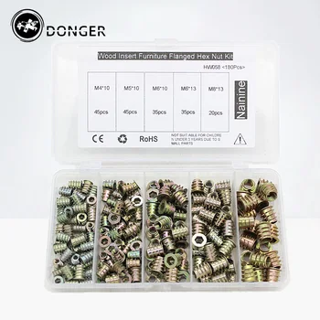 

180Pcs/set M4 M5 M6 M8 Zinc Alloy Thread For Wood Insert Nut Flanged Hex Drive Head Furniture Nuts Assortment Kit HW058