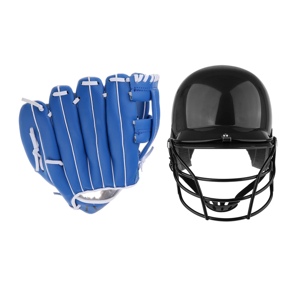 1 Set Black Baseball Bating Helmet Softball Compact Mask & Blue Baseball Softball Thicken Gloves Softball Catching Mitts