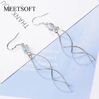 

MEETSOFT 925 Sterling Silver Prevent Allergy Drop Earrings for Women Trendy Design Small Gradient Crysyal Tassel Jewelry Gift