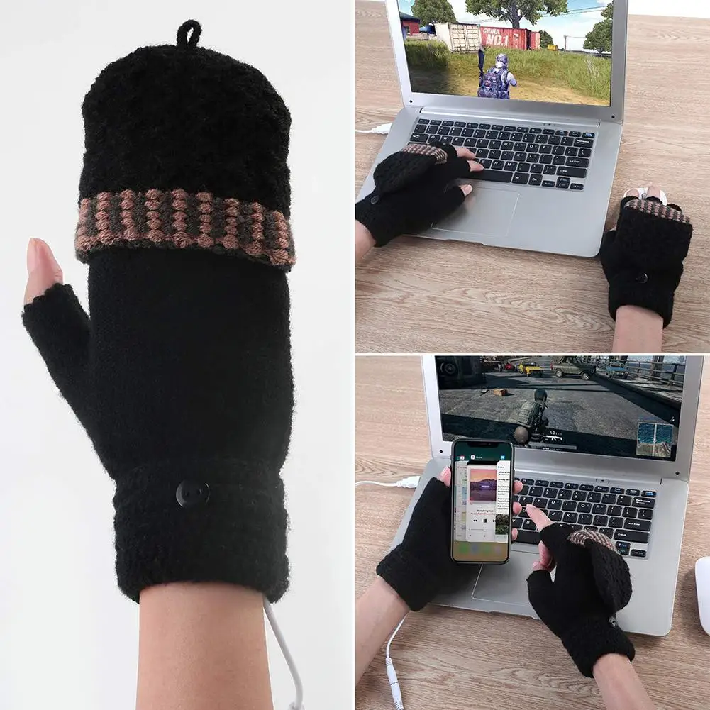 1 Pair USB Heating Gloves Hand Warmers Winter Warm Mittens Hand Laptop Half Fingerless Gloves For Motorcycle Ski Heated Gloves