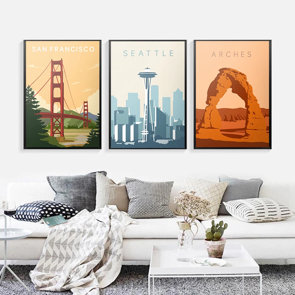 Nordic-Vintage-Travel-Cities-Poster-New-York-San-Francisco-Chicago-Texas-Landscape-Art-Canvas-Painting-Wall