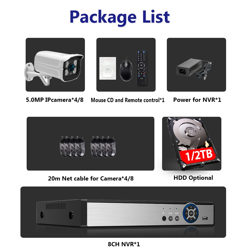 Plug and play POE NVR 8CH Xmeye CCTV Face Identify System 5MP In/Outdoor POE IP Camera IR Day/Night Security Surveillance Kits