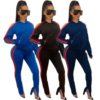 

Womens Tracksuit Set Sexy Loose Shoulder Solid Side Stripe Hooded Sports Outfits Conjunto Moletom Women Clothing Two Piece Set