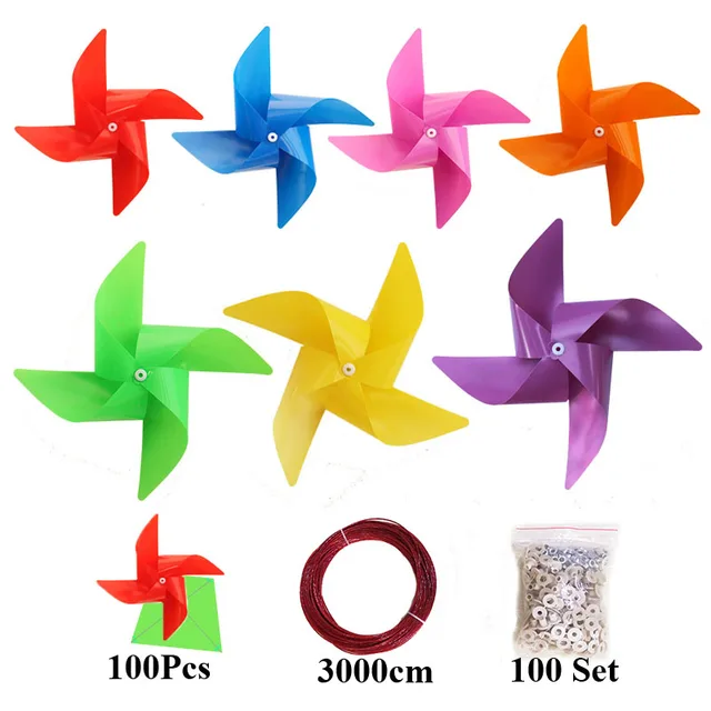 100pcs + 30M Wire Rope + Fitting Waterproof Resistance Damage Plastic Windmill Toys Garden Lawn Party Decor Toy Gift for Kids 2