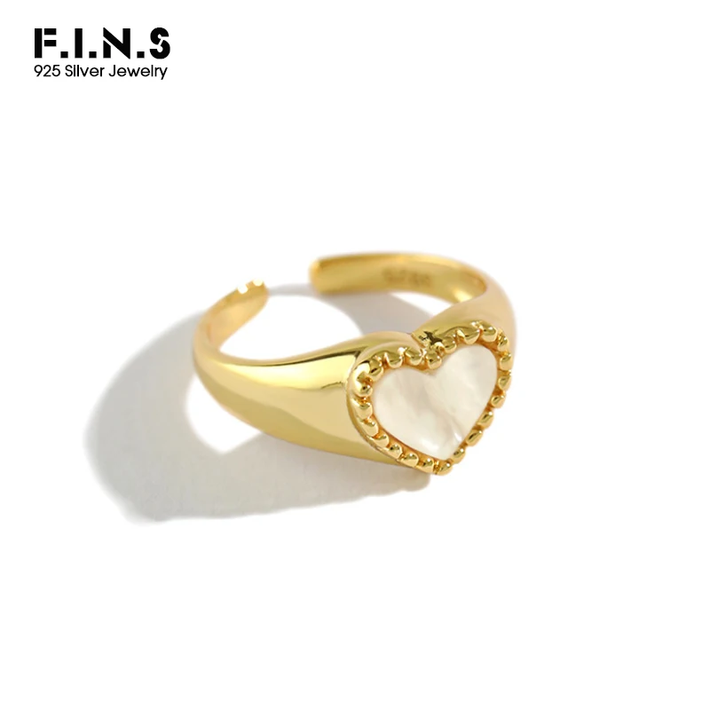 

F.I.N.S S925 Sterling Silver Rings INS Love Heart-Shape Shell Inlaid Rings for Women Opening Cuff Ring Silver Wedding Jewelry