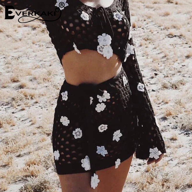 Everkaki Hollow Out Knitted Mini Skirts Women Lace Flower Attached Sexy Transparent Party Summer Boho Skirt Female Autumn