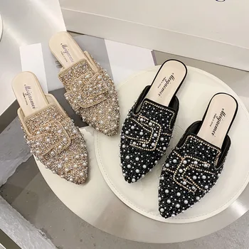 

Women Pointed Toe Slippers Summer Flat Slip On Mules Shoes Rhinestone Luxury Designers Sexy Woman Slides Black Casual Sandals