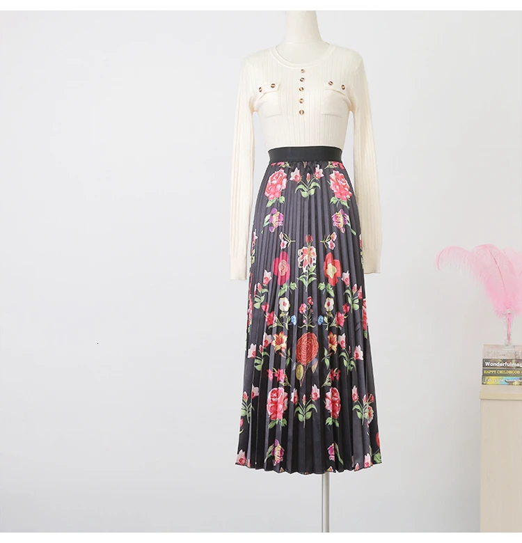 waist high Printed skirt female new slim small black skirt wild pleated skirt autumn