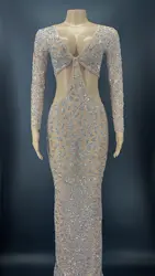 Silver Rhinestone Long Sleeve Transparent Long Dress Evening Birthday Celebrate Dress Sexy Dancer Performance Costume