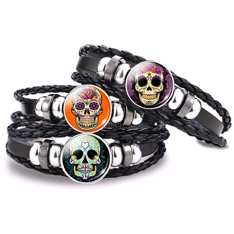 Pulsera de cuero negro con calavera de azúcar para hombre y mujer, brazaletes de arte folclórico de México para el Día de los muertos, estilo accesorios de joyería hechos a