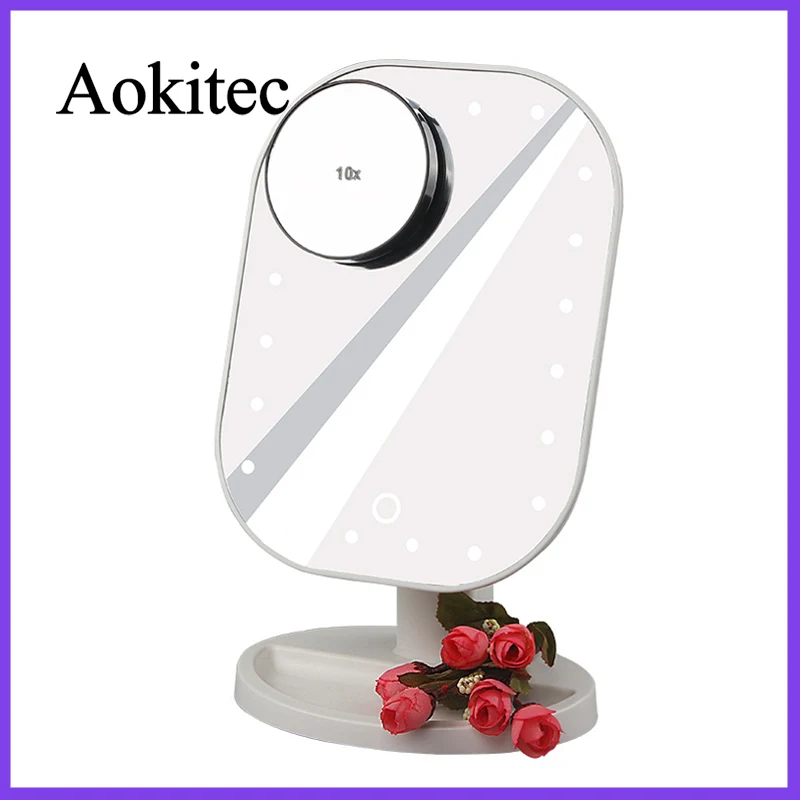 Led Makeup Mirror Portable 20 LED Light Touch Screen 10X Magnifier Vanity Mirror Flexible Cosmetics Desktop USB Mirror FZB3686-3