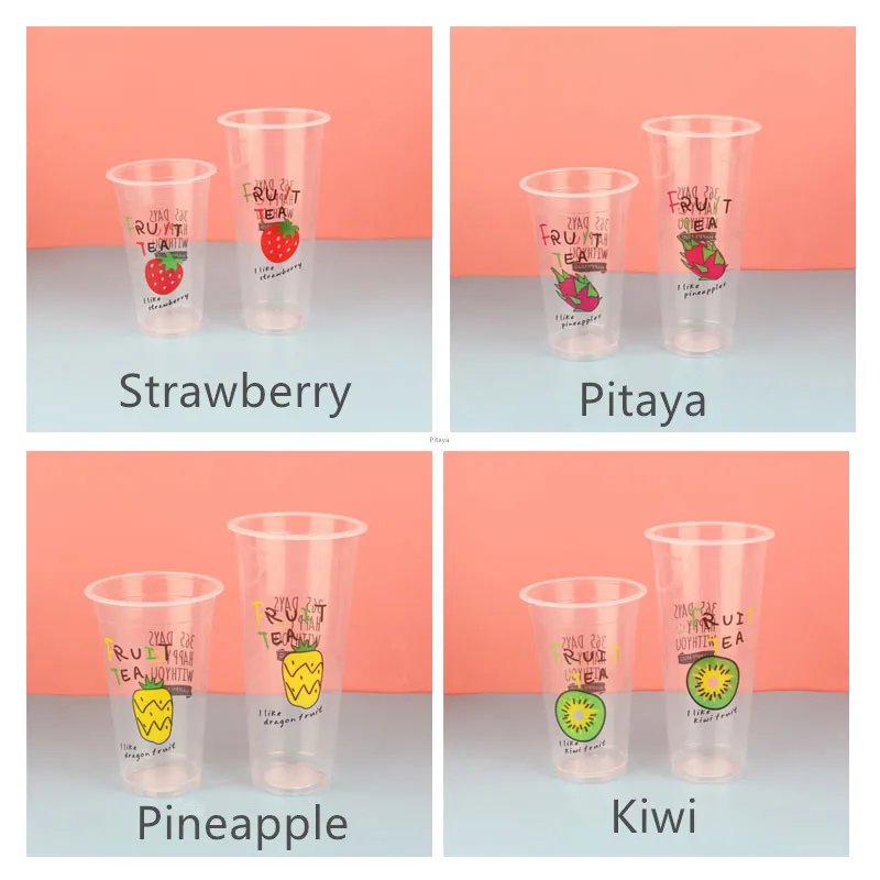50pcs Creative cute fruit disposable cups party favorl transparent plastic cup 500ml tea juice takeaway packaging cups with lid
