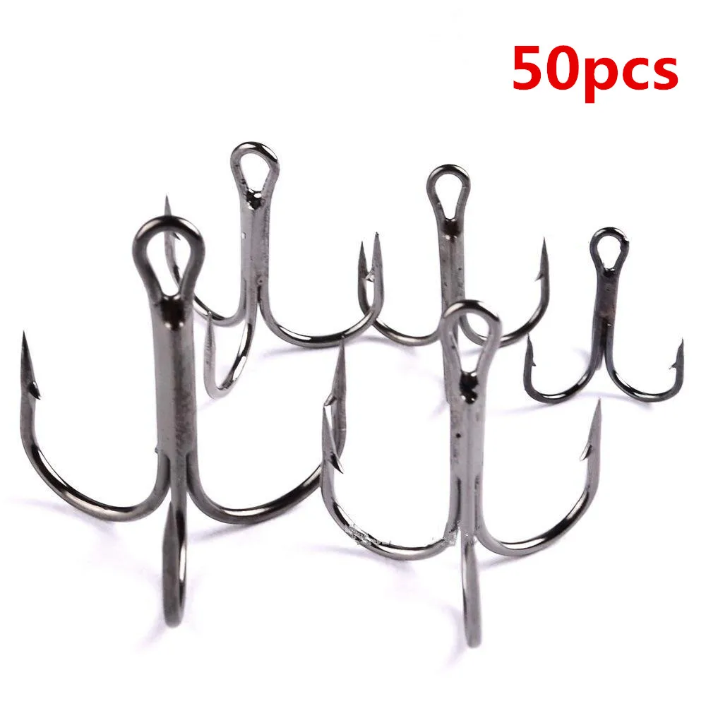 50pcs/Box Fishing Hook Antirust Treble Hooks Tackle Carbon Steel Lure