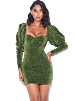 

BacklakeGirls Sexy Women Low Chest Glitter Bodycon Dress Club Long Sleeve Glitter Sparkly Night Out Cocktail Party Vestido