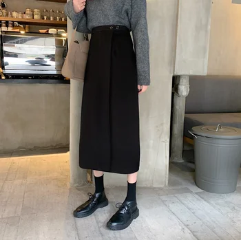 

Spring and Autumn Korean Style Skirt 2020 New Chic Slim Mid-Length Black High Waist A- line Skirt Female