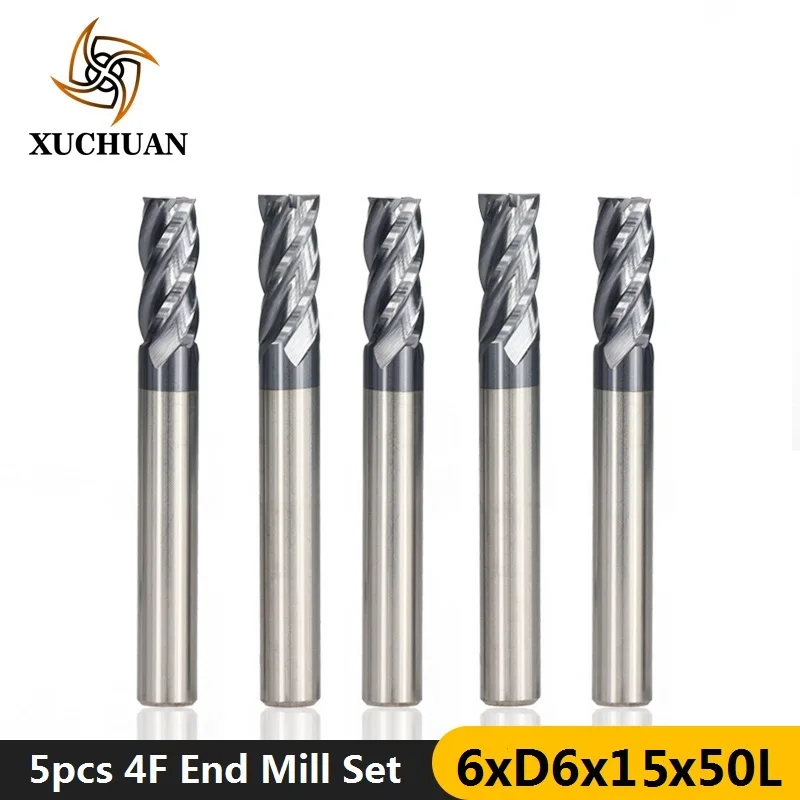 

5pcs 6x50L Carbide End Milling Cutter AlTiN Coated HRC 50 Spiral End Mill Set 4 Flute CNC Router Bit