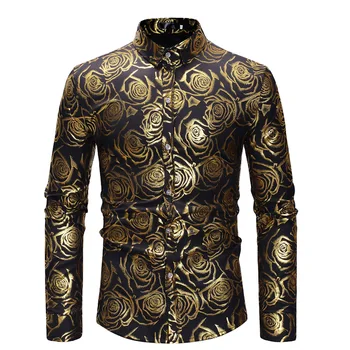 

2020 New Rose Pattern Men Long-sleeved Shirt Black White Navy Blue Wine Red Fashion Young Men's Wedding Banquet Casual Shirts
