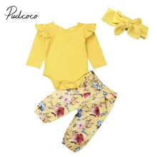 Коллекция года, весенне-осенняя одежда для малышей Одежда для маленьких девочек из 3 предметов Топ, комбинезон с поясом, штаны с цветочным принтом повязка на голову, комплекты из 3 предметов
