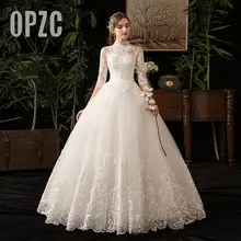 Свадебное платье с коротким рукавом, с 100 см шлейфом, Vestido De Novia, новое зимнее винтажное, высокий вырез, открытая спина, кружевное бальное платье, большие размеры