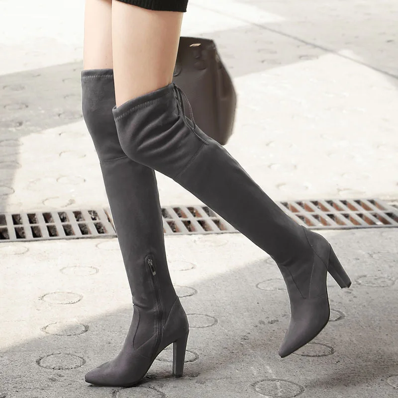 

Winter Stretch Fabric Over The Knee Boots Sexy Lace-Up Keep Warm Flock High Heels Leisure Comfortable Luxury Brand Women Shoes