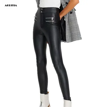 

2020 Woman Denim Full Length PU Pants Casual Skinny Pencil Trousers