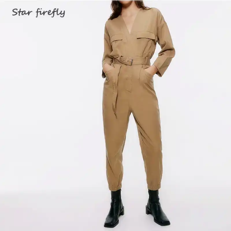 tan long sleeve jumpsuit