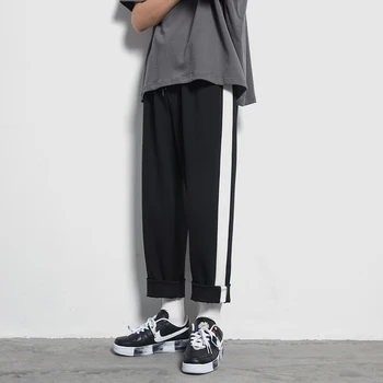 

Summer Men's Straight Pants Cotton Sweatpants Men Japan Fashion Side Stripe Ankle length Drawstring Black Casual Trousers Male