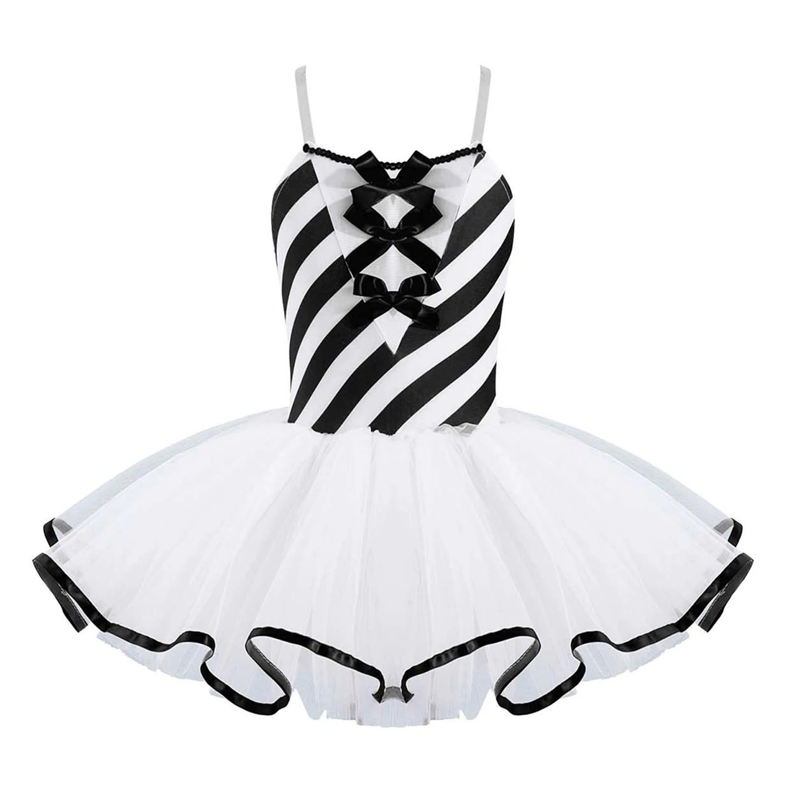 Kids Girls  Candy Cane Striped Sequins Ballet Tutu Dance Dress Christmas Costume Bowknot Adorned Stripe Print Mesh Tutu Dress