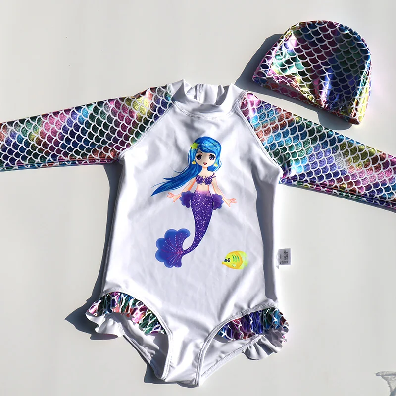 Mermaid Print Girls Swimsuit Princess Dress Bikini For Kids 1-8 Year Striped Swimwear One Piece Set Children Swimming With Skirt