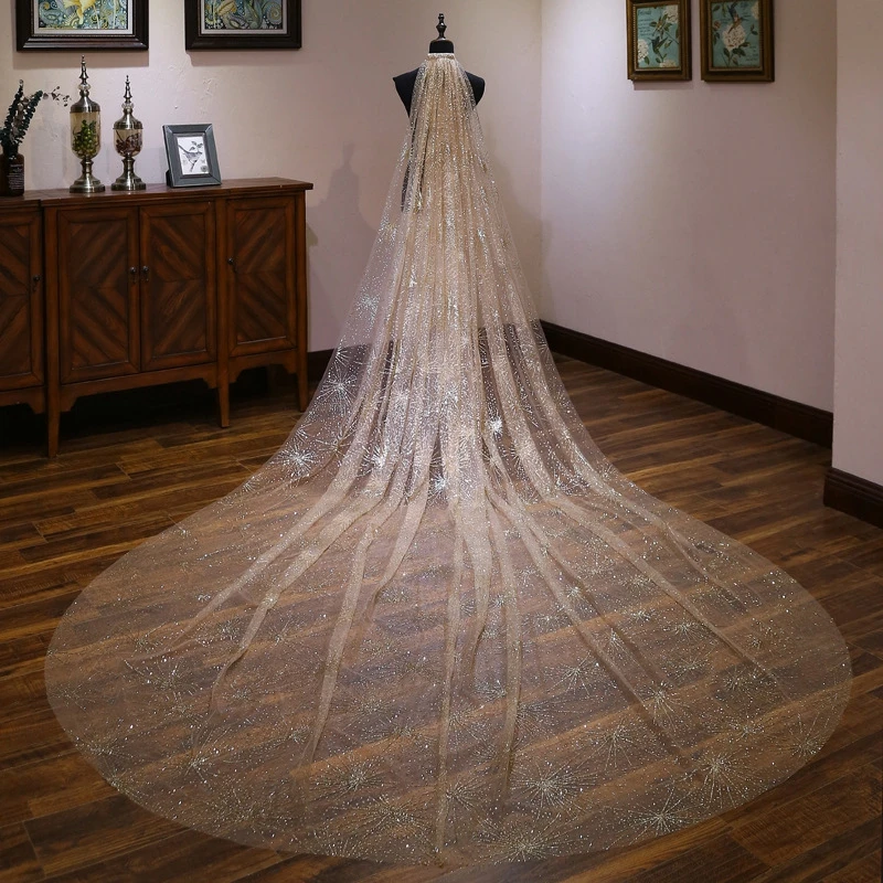 

New Arrival Champagne Bridal Veils Sequine Lace Veil 3 Meter Long wedding accessories with Comb Voile mariage Veu de noiva