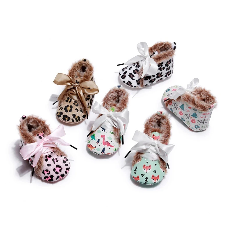 Winter Baby Girls Boys Warm Boots Anti-Slip Cartoon Dinosaur Leopard Print Casual Sneakers Toddler Soft Soled Walking Shoes