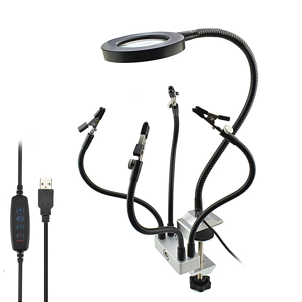 Светодиодный 3X лупа скамья тиски, стол с зажимом для пайки рук паяльная станция USB Arms светодиодный фонарь настольная лампа для чтения Рабочая