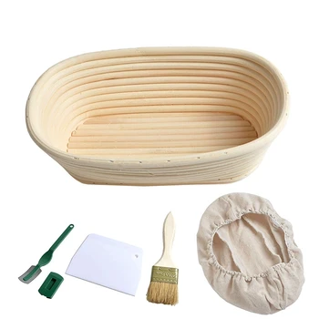 

25cm 10 inch Oval Bread Proofing Basket Sourdough Proving Linen Liner + Bread Cutter +Bread Lame + Bread Brush for Professional