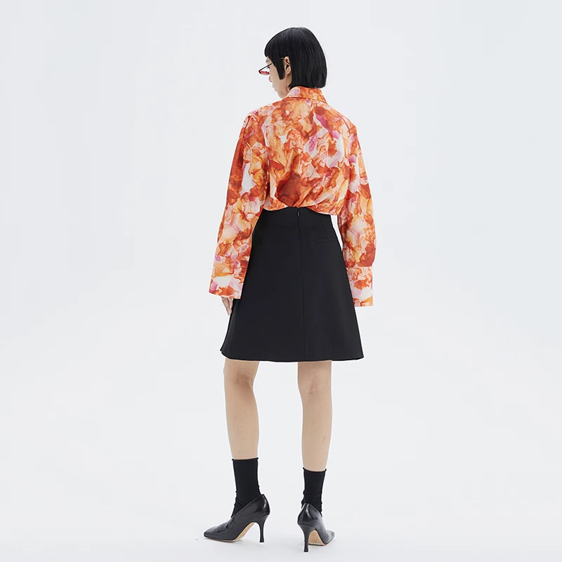 [EAM] Women Orange Pattern Printed Temperament