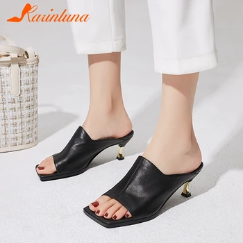 

Karinluna New Design 2020 Genuine Leather High Heels Summer Shoes Women Pumps Mules Slip On Fashion New Hot Comfy Pumps Mules