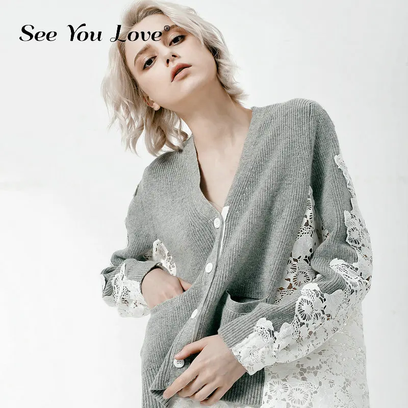

See You Love 2019 New Autumn and Winter Fashion Tide Gray Patchwork Lace Long Sleeve Single Breasted V-neck Woman Shirt Blouse