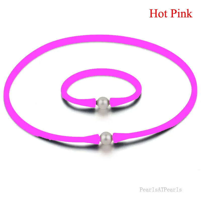 

16 inches 10-11mm Natural Oval Pearl Hot Pink Rubber Silicone Necklace & 7 inches Bracelet Jewelry Set