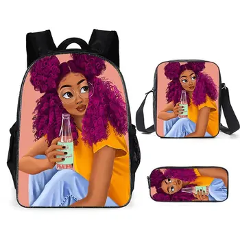

3pcs/set Cartoon Black Afro Girl School Bag Set 16inch Bookbags for Kids Cute Children African Lady Bookbags Mochila