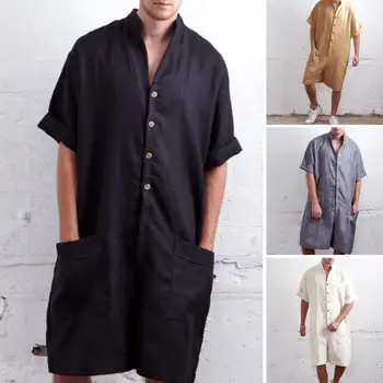 

Tide Men New Short Sleeve Stand Collar Single-Breasted Hip-hop Short Overalls Trousers Jumpsuit