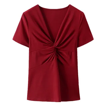 

2020 women Short-sleeved V-neck t-shirt female summer new fashion bow waist waist half-sleeved cotton shirt cherries red top