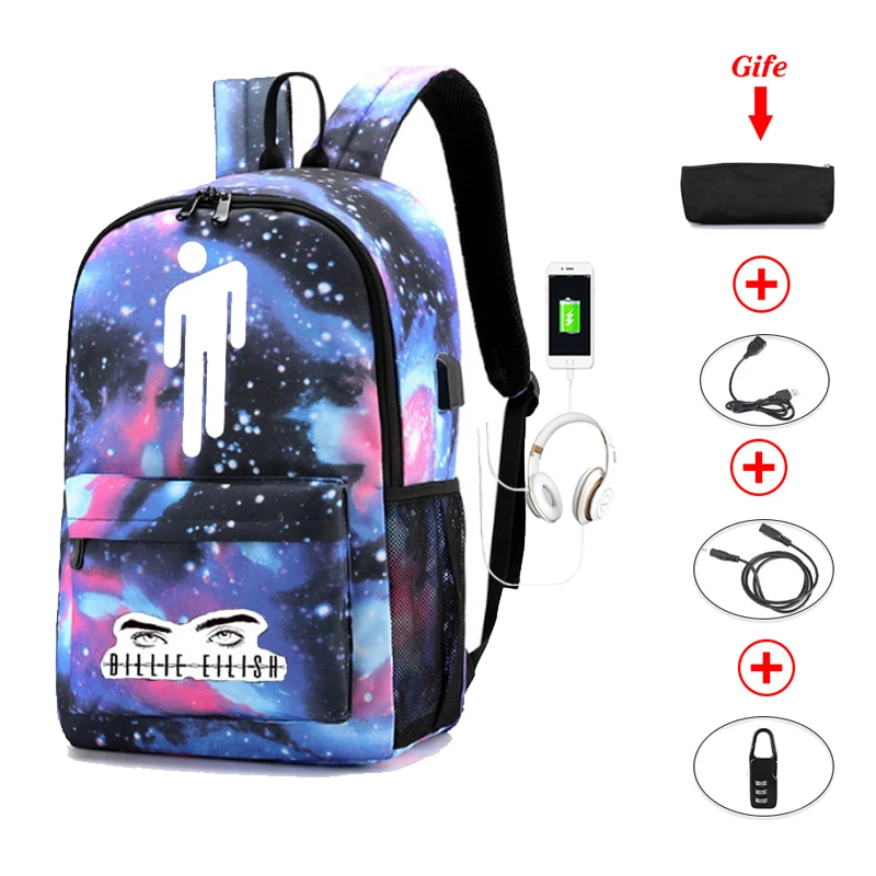 BPZMD Billie Eilish рюкзаки женские/мужские школьные сумки для ноутбука дорожные сумки подростковый рюкзак для ноутбука нейлоновый Mochila Pusheen сумка - Цвет: with Black case