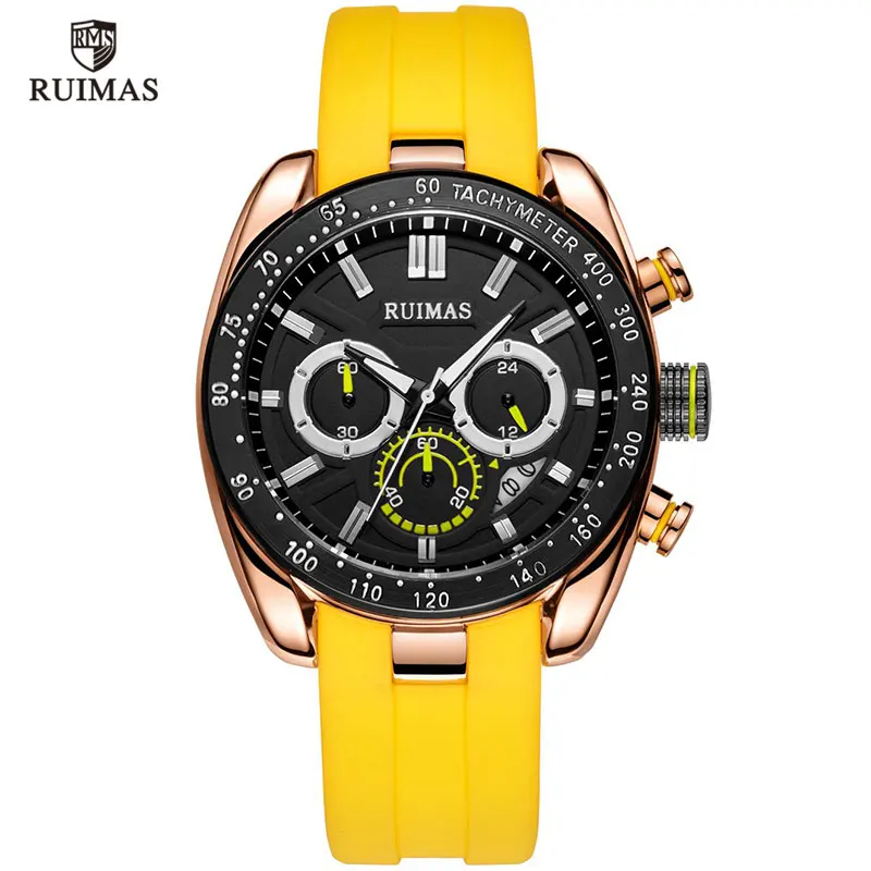 RUIMAS Силиконовые часы Мужские Роскошные Топ брендовые кварцевые наручные часы мужские часы водонепроницаемые хронограф Relogios Masculino 541 желтый - Цвет: RN541G-Yellow