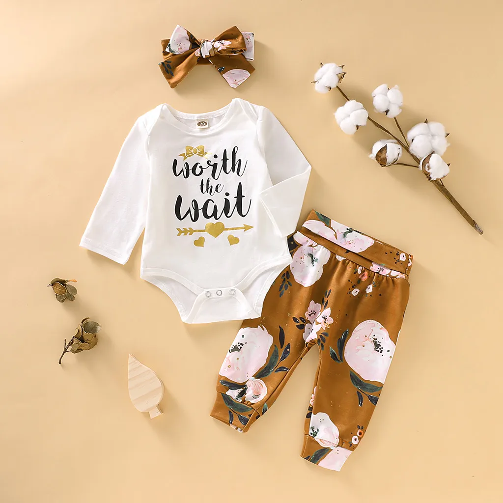 Best MUQGEW Newest 3Pcs Infant Newborn Baby Boys Girls Novelty O Neck Letter Floral Print Romper Pants Outfits Set Kids Clothes 2019